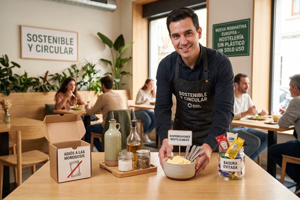 Dispensadores de vidrio y cerámica en una mesa de restaurante frente a sobres de plástico monodosis.