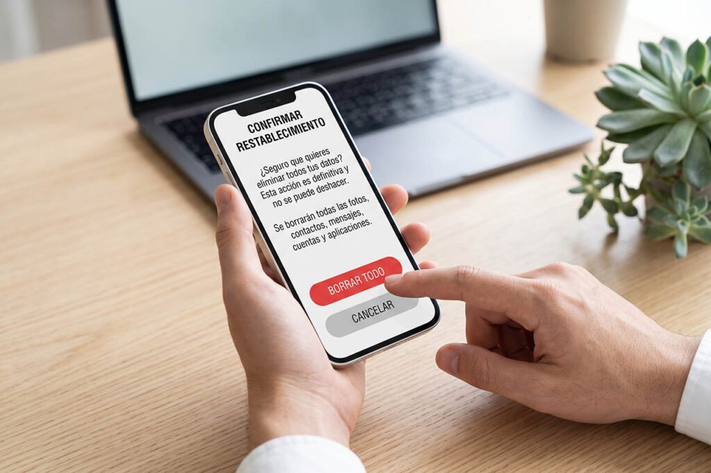 Un smartphone mostrando la pantalla de confirmación para eliminar los datos mediante restablecimiento de fábrica, con textos legibles en español.