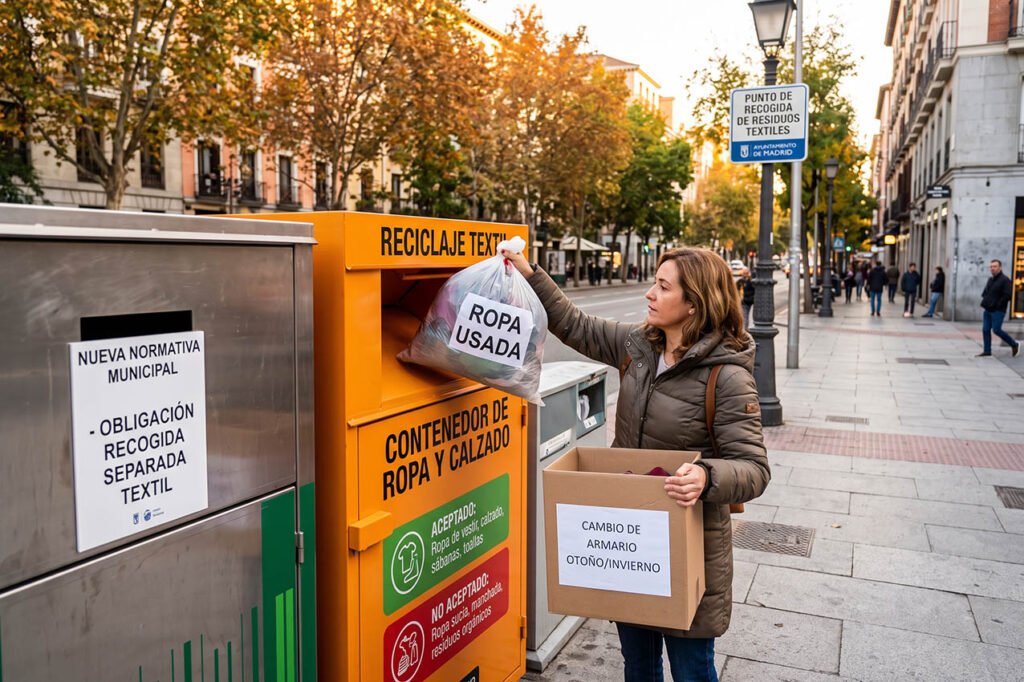 Contenedor textil en la vía pública para depósito de ropa usada durante el cambio de armario