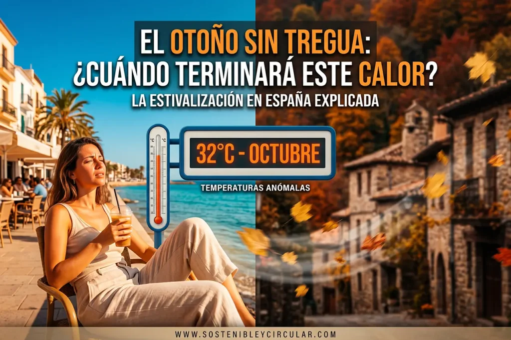 Estivalización del otoño en España con contraste entre calor veraniego de 32 grados en terraza y paisaje otoñal