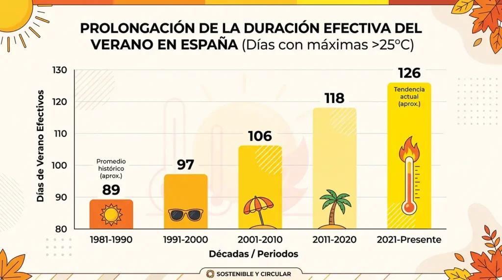 Gráfico de barras que muestra el aumento de días con temperaturas superiores a 25 grados en España desde 1981 hasta la actualidad