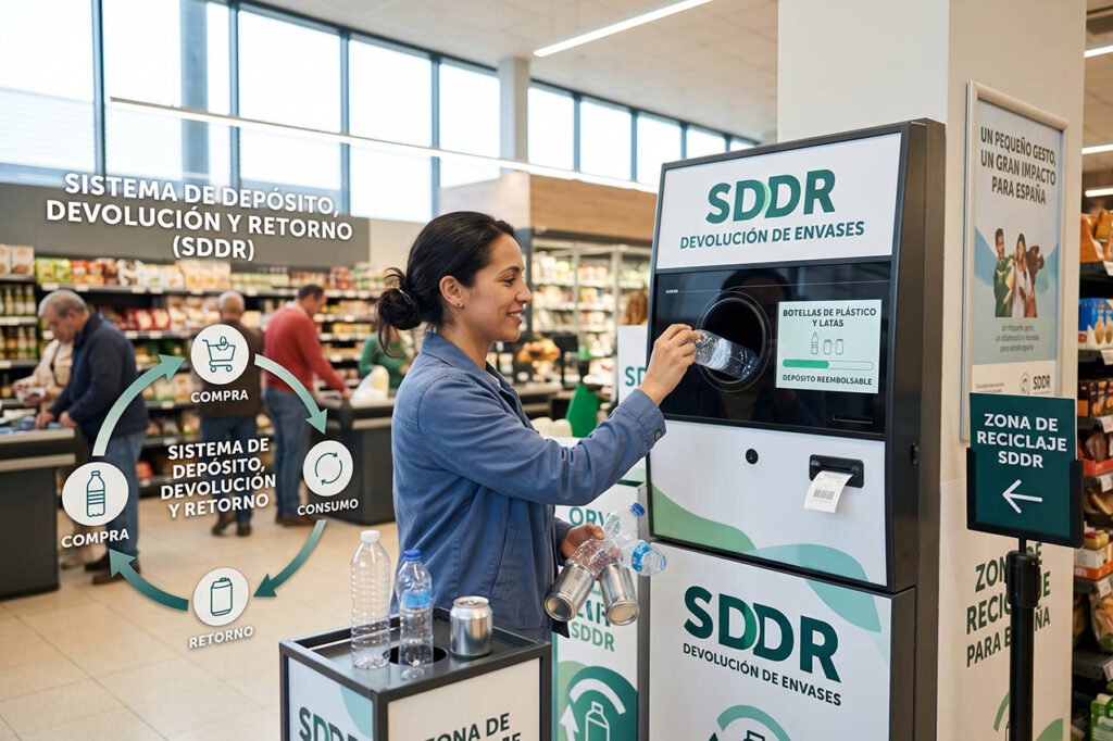 Persona introduciendo una botella de plástico en una máquina de retorno automático del sistema SDDR en un supermercado.